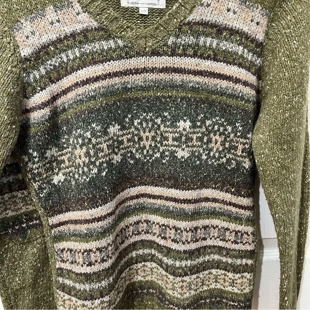 One on One vintage long sleeve v neck green sweater size large - Picture 3 of 9